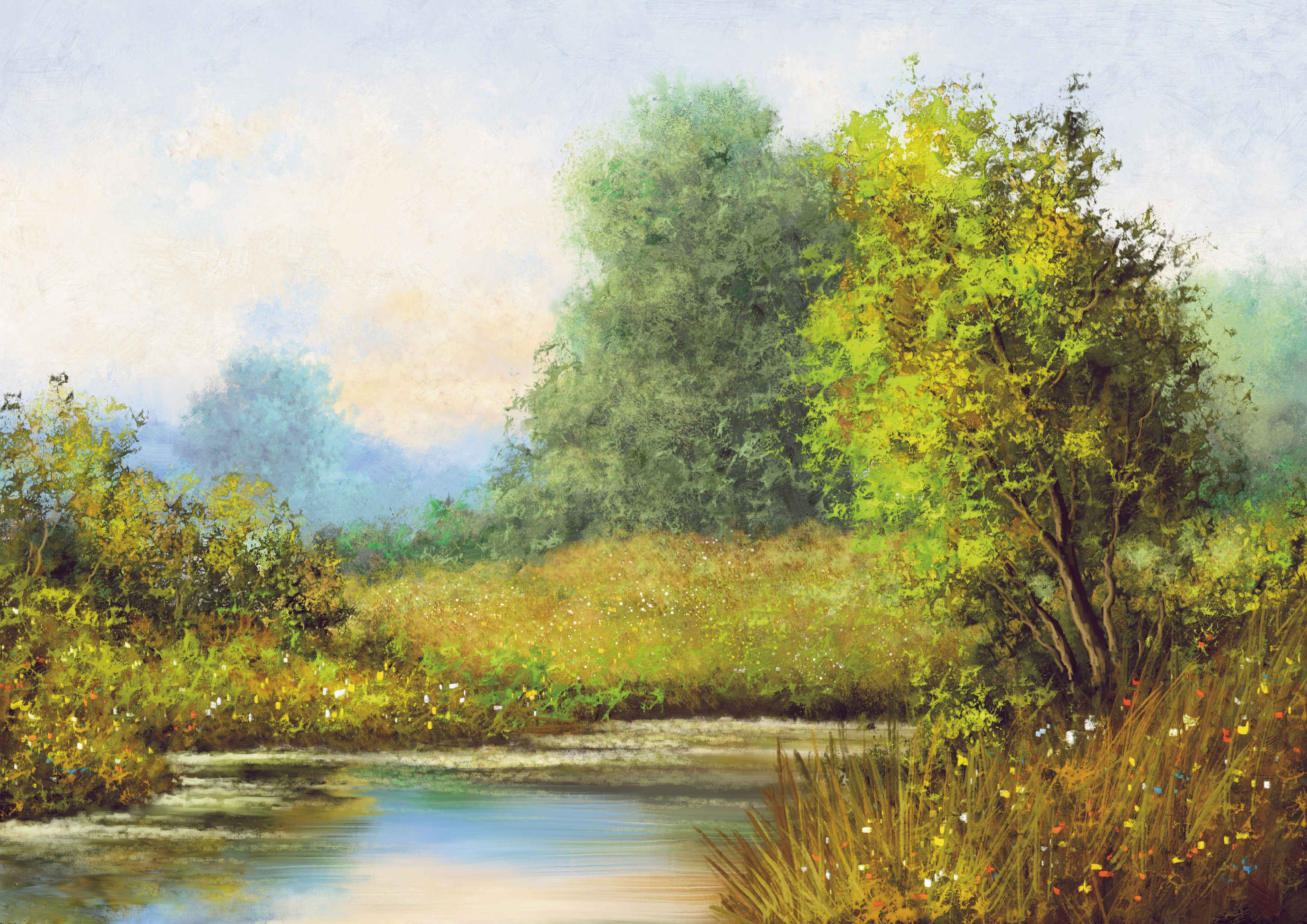 Oil paintings rural landscape, house on the river. Fine art, mas